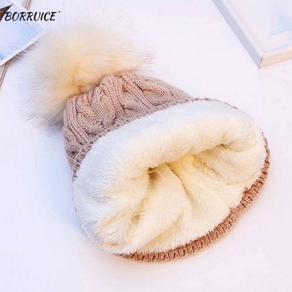 

hat women winter soft thick fleece lined dual layer knitted beanie with faux fur pom pom hats keep warm outdoor sports hat y201024, Blue;gray