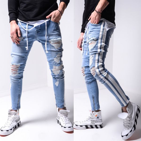 

2021 mens solid color striped male hip hop foot ny jeans ripped slim denim pants for men trousers hommes 0q2p, Blue