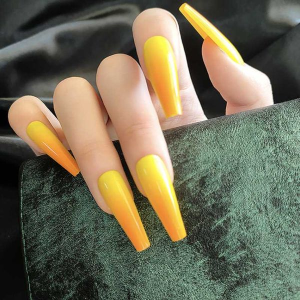 

false nails ballet coffin long nail art press on full cover fake stickers yellow orange gradient gothic tips for, Red;gold