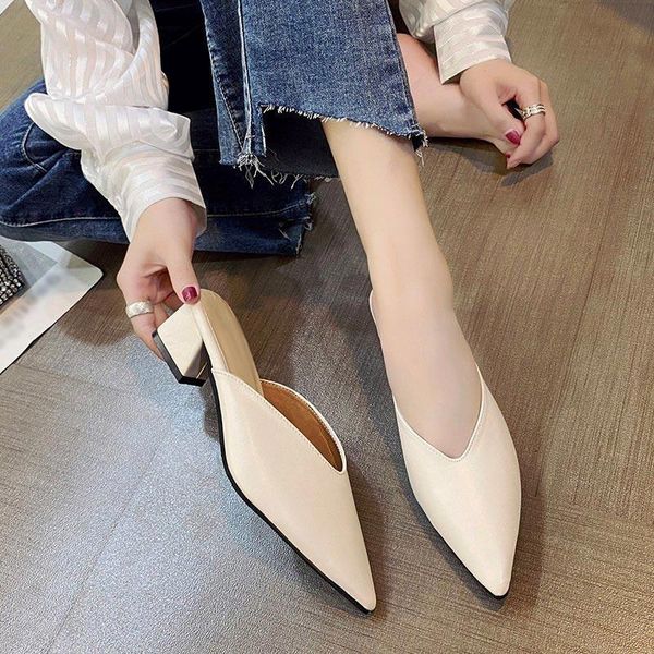 

slippers 2021summer elegant office shoes women low heels pointed toe sandals slip-on comfortable ladies casual mule flip flops, Black