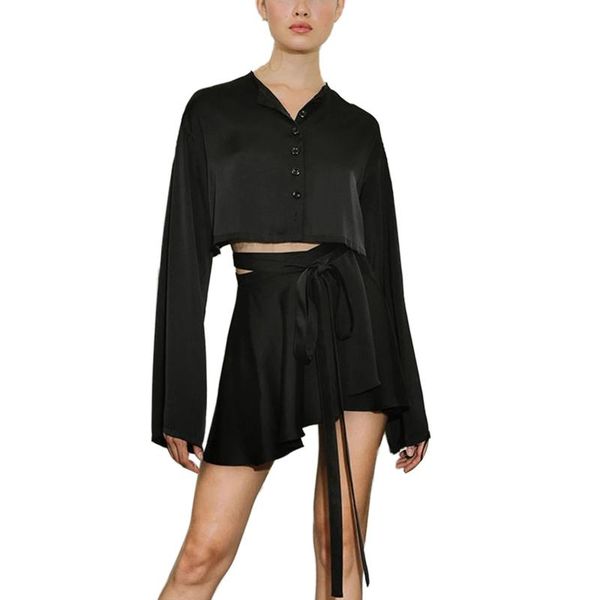 

women's hoodies & sweatshirts y2k women\u2021s 2 piece outfits long sleeve button down crop + wrap mini skirt set loungewear, Black