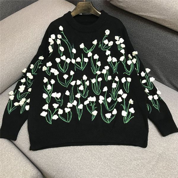 

2021 new runway vintage o-neck long sleeve floral embroidery sweater women casual oversized pull femme hiver u45t, White;black