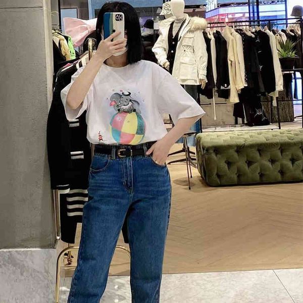 

women's t-shirt moco spring and summer flying elephant cartoon printing series round neck short sleeve loose thin t-shirt 4url, White