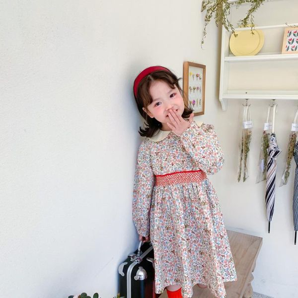 

2021 girls spring long sleeve lapel floral dress, Red;yellow