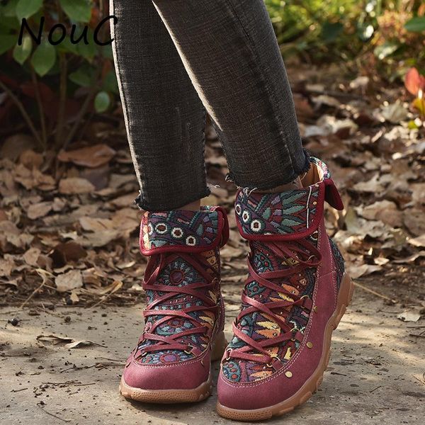 

boots nouc shoes woman flat ankle snow motorcycle female suede leather lace-up rubber winter women botas mujer, Black