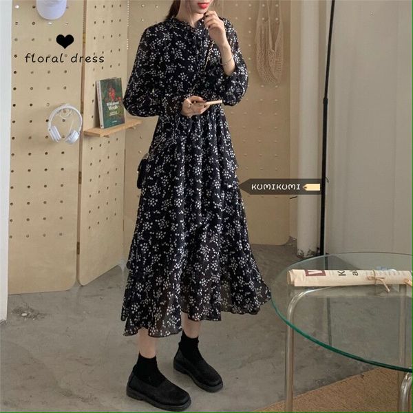 

2021 new french retro sleeve floral women's long with gathered waist in spring mwqz, Black;gray