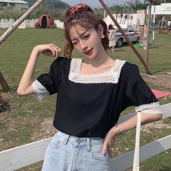 

women's blouses & shirts summer sweet lace patchwork chiffon shirt fashion stitching retro square collar and puff-sleeve top, White