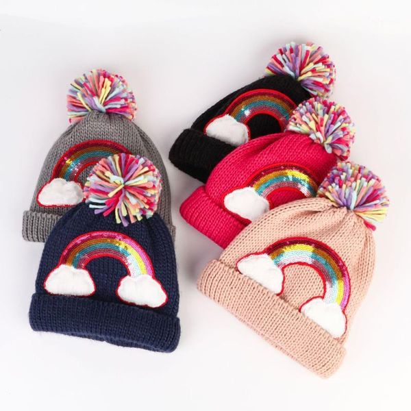 

caps & hats kids woolen hat rainbow patterns knitted cap earmuffs fall winter warm 2-10 years1, Yellow