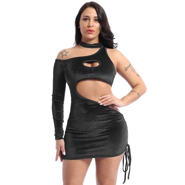 

casual dresses women dress velvet halter one shoulder cutout hollow out mini cocktail party robe chic high street clubwear vestido, Black;gray
