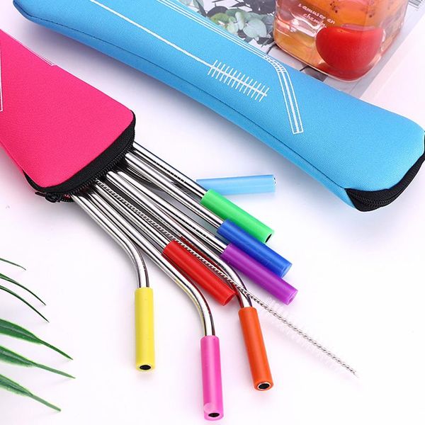 

drinking straws metal straw 1set reusable stainless steel straight bent with silicone tips for cold beverage