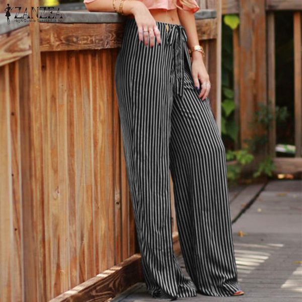 

women's pants & capris women wide leg zanzea office ladies long trousers striped print back zipper bottoms female casual pantalones str, Black;white