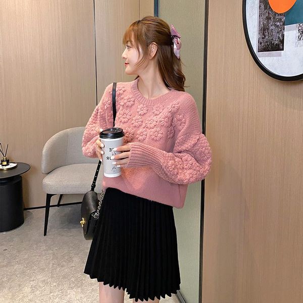 

women's sweaters bubble sleeve sweater spring and autumn 2021 loose korean three-dimensional flower t-shirt jacket fashion, White;black