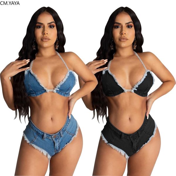 

cm.yaya women denim solid bikinis set crop & shorts beach swimsuit jeans two piece set outfits 210305, White;black