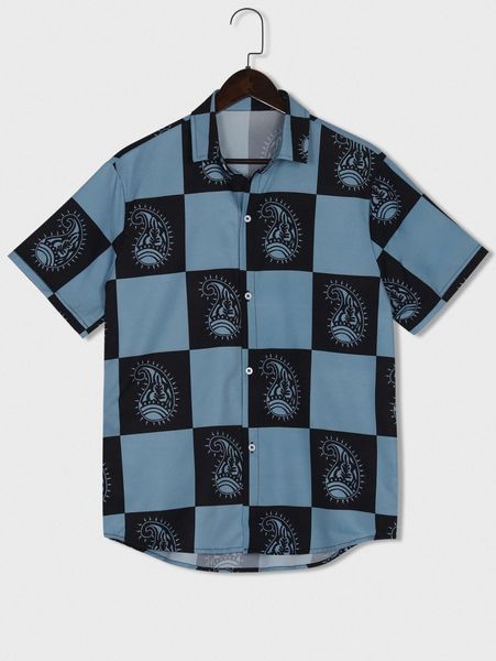 

romwe guys paisley & plaid print curved hem shirt z4hx#, White;black