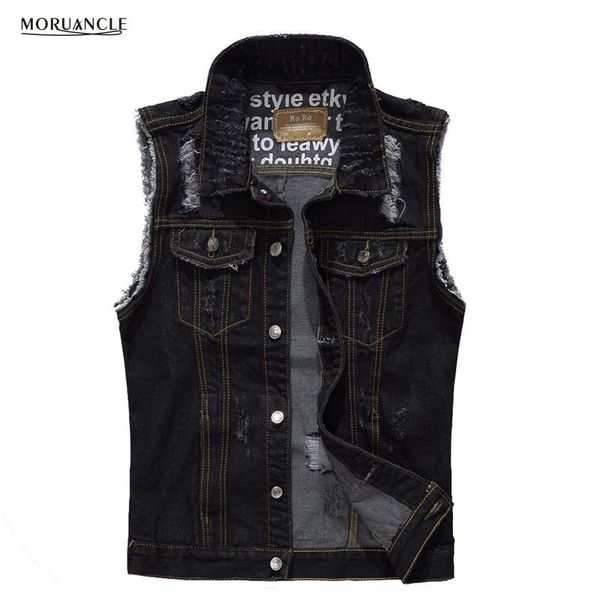 

men's vests moruancle fashion ripped denim vest slim fit distressed sleeveless jeans jacket for man black waistcoat size m-xxxl, Black;white