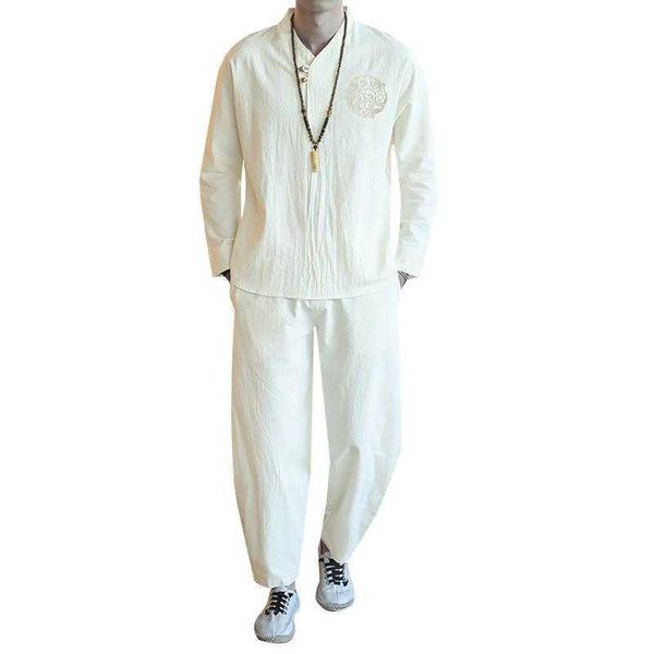 5XL Set da uomo Casual Abito in cotone e lino Camicia + Pantaloni alla caviglia Set da 2 pezzi Oversize T-shirt da uomo Maschile 2021 Tuta estiva XXXXXL X0909