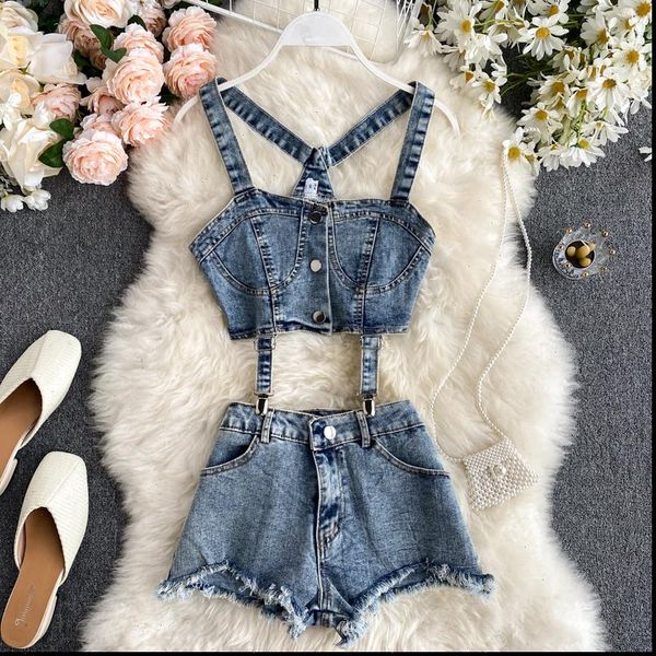 

deat 2021 summer new arrivals fashion sleeveless strapless tank denim ripped shorts two piece set women outfits mi891, Gray