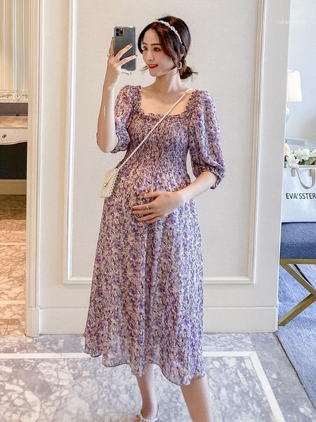 

puff sleeve summer purple pregnant women party dress stretched square collar high waist maternity chiffon floral dresses1, White