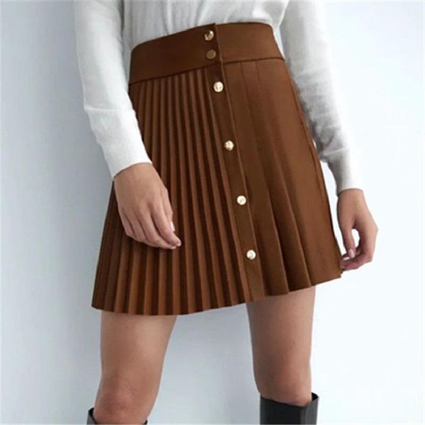 

skirts fashion high waist pleated pu leather skirt women's autumn winter oblique breasted a-line button short for womens, Black