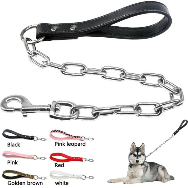 

dog collars & leashes durable chain leash small large dogs walking lead rope collar harness with leather handle golden color pet supplies