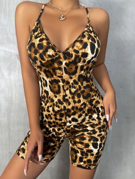 

leopard print crisscross backless skinny romper 14al#, White