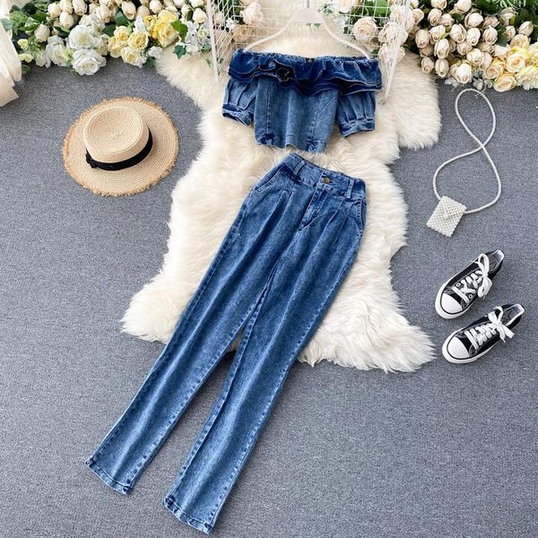 

women's two piece pants amolapha women ruffles jeans jumpers+pants sets slash neck short style zipper vest denim pant suits for woman, White
