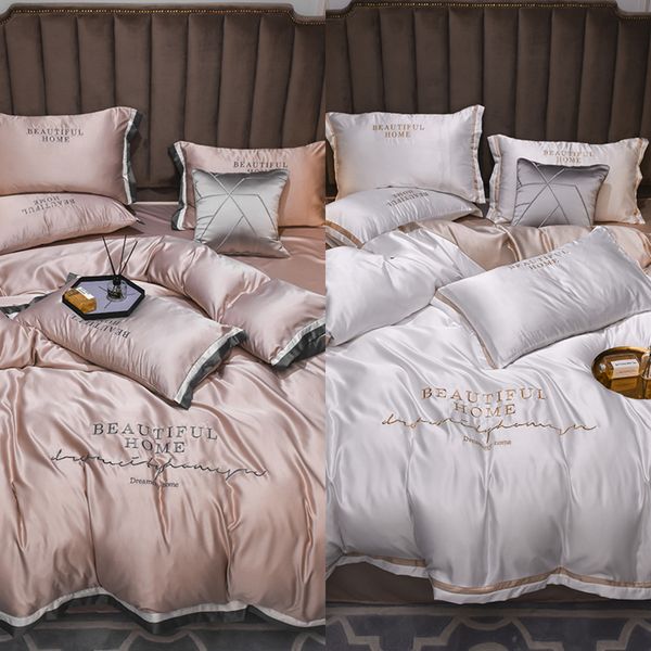 

2020 new luxury bedding set double-sided high-end 60 tencel washing silk embroidery sheet home bedding 4pcs set king  size c0223