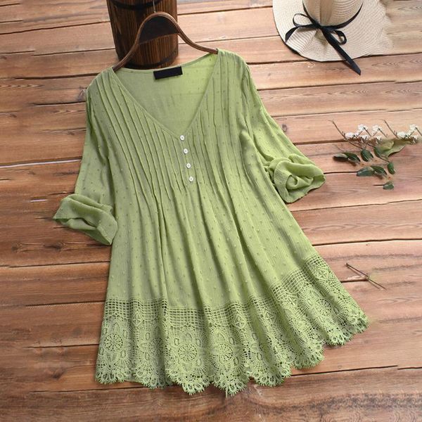 

women's t-shirt female summer lace t-shirts vintage ruffled three quarter sleeve shirt ploose shirts button blusas mid-length, White