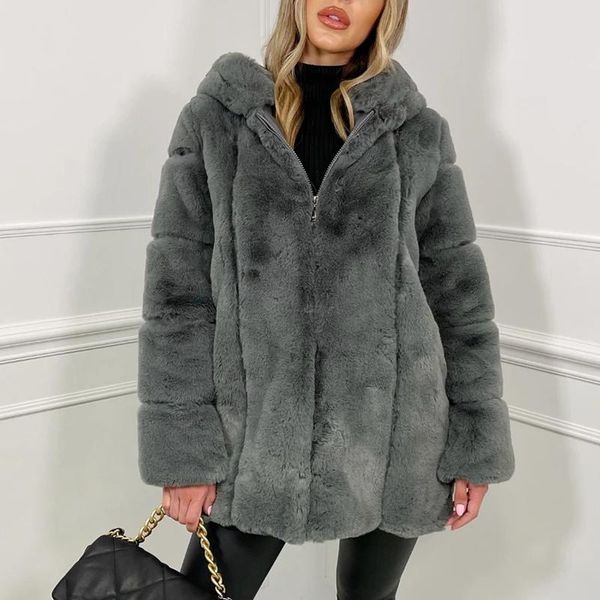 

women's fur & faux berry fashion winter thick casual coats women elegant loose solid hooded jackets zipper ladies, Black