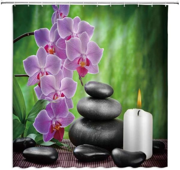 

zen garden shower curtains spa green leaf plant black stone purple flower candle bathroom decor cloth hanging curtain set