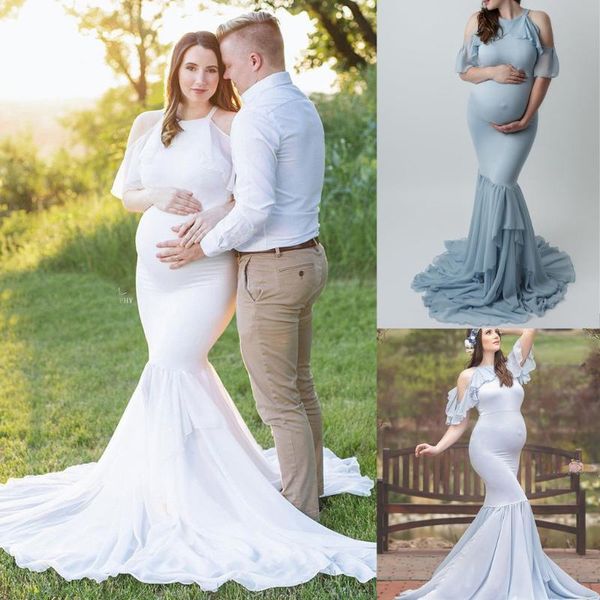 

maternity dresses women pregnants pography props short sleeve ruffles solid long dress clothes for po shoot bohemian, White
