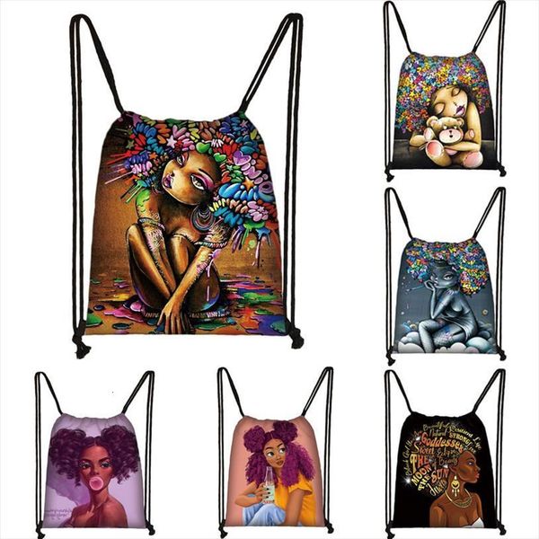 

black art african girl print drawstring bag women fashion storage bags student africa latin america backpack bookbag