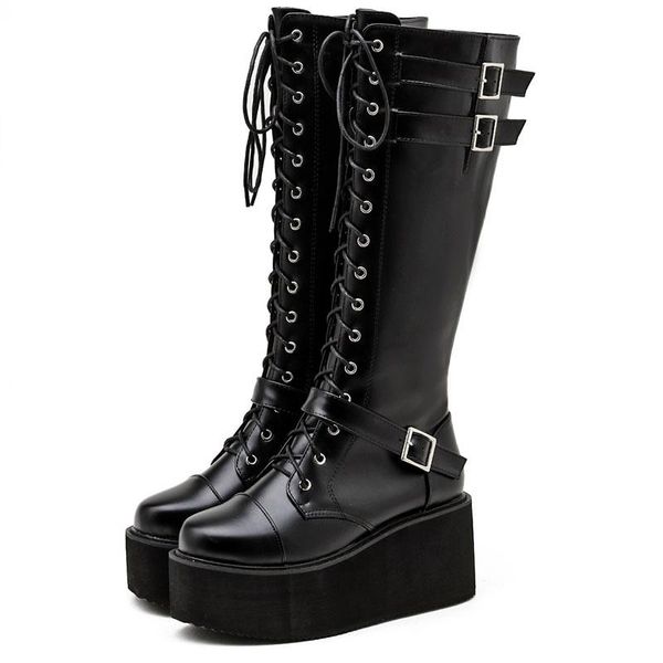 

boots demonia height increasing platform shoes for women 2021 y2k female goth boot round toe punk style cross-tied, Black