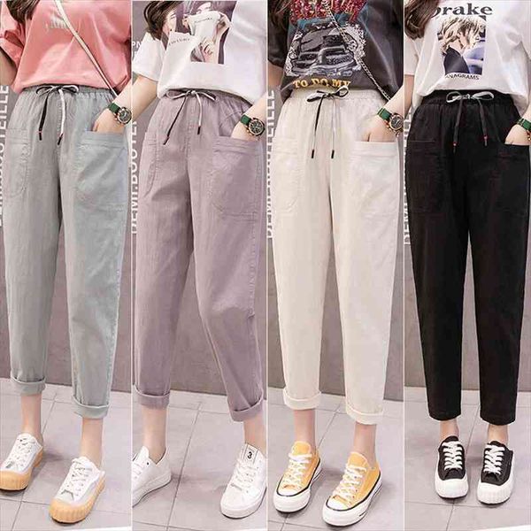 

plus size cotton and linen nine-point pants womens plus size summer high-waist strap casual pants drawstring harem, Black;white
