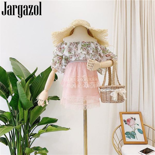 

clothing sets summer girls ruffle outfits off the shoulder chiffon lace crumpled skirt fashion beach little kids princess set, White