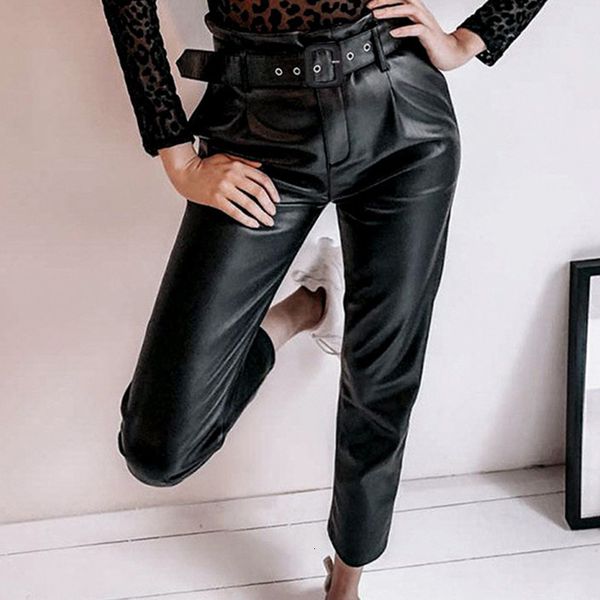 

2021 women new fashion pu pants black punk high waist blet thin fleece streetwear casual loose trousers autumn and winter x0oh, Black;white