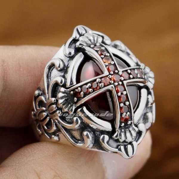 

cluster rings 925 sterling silver goth big red cz cross gothic punk rock mens ring 9d005, Golden;silver