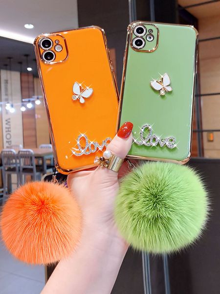 

luxury glitter bling diamond electroplated phone cases fur ball cover for iphone 12 pro 11 promax x xr xsmax 7 8 plus back cover