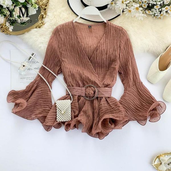 

yuoomuoo elegant sashes bandage autumn women blouse shirt 2021 v neck korean style ruffle women blouse long sleeve top, White