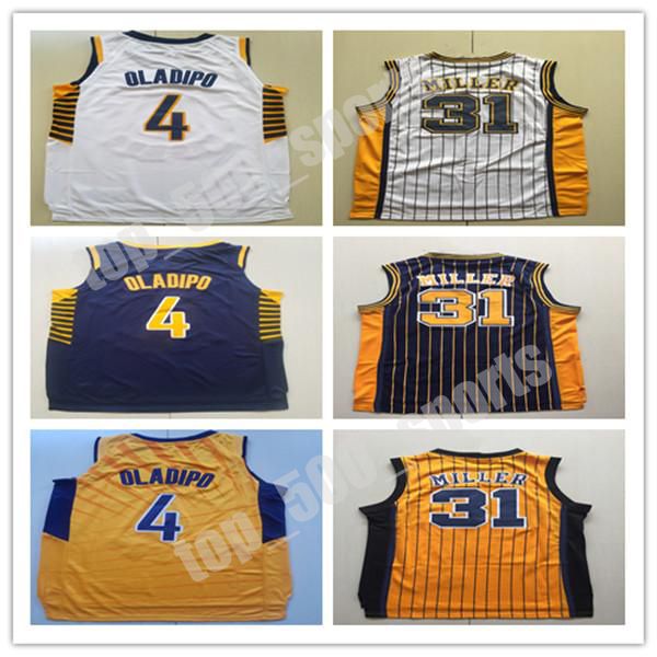 

mens basketball victor oladipo 4 retro reggie miller 31 jerseys basketball white yellow blue color 2020 new 100% stitched shirt, Black;red
