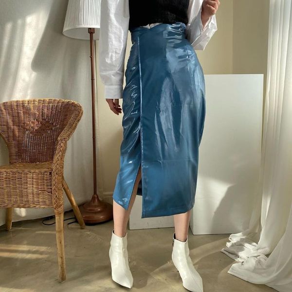 

autumn winter women pu leather skirt front split pencil midi skirts elegant vintang high waist sheath wrap skirts, Black