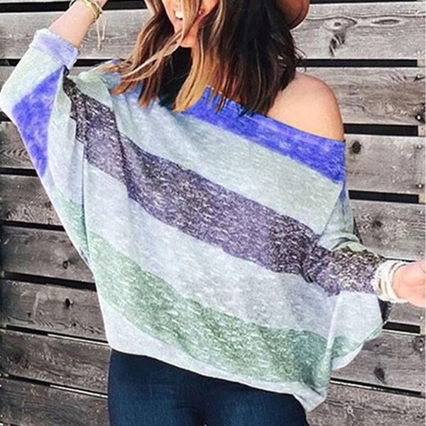 

women blouse off shoulder autumn long sleeve fashion loose shirts casual o neck striped print bat sleeves, White