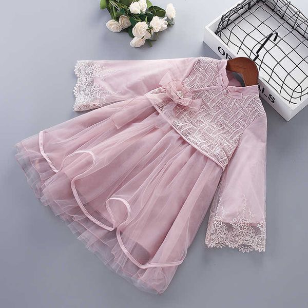 3-7 Yıl Yüksek Kalite Bahar Kız Elbise Şifon Çiçek Draped Dantelli Çocuk Çocuk Giyim Prenses Elbiseler 210615