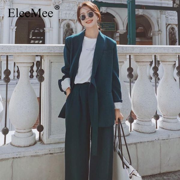 

women's two piece pants eleemee 2021 autumn blazer set pocket green straight wide leg ol chic fashion office suit for size s-xl, White