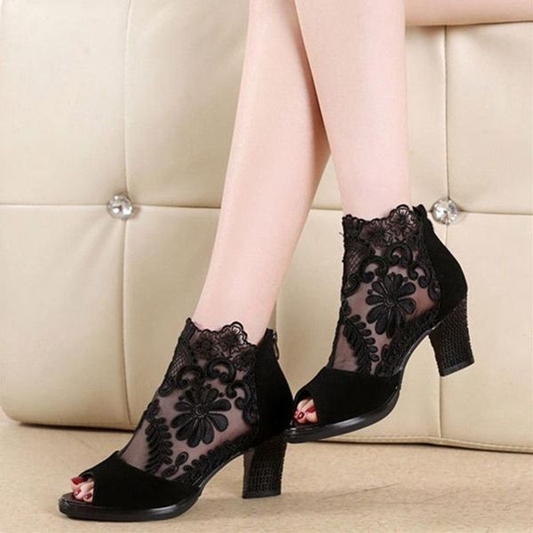 

2021 summer women's sandals fish mouth shoes mid-heel large size women's shoes breathable lace mesh high heels, Black