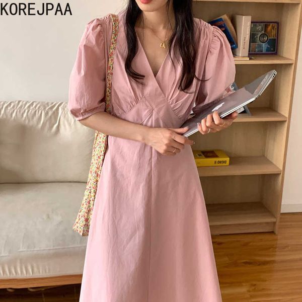 

korejpaa women dress korean fashion chic french gentle v-neck pleated slim solid color high waist bubble sleeve long vestido 210526, Black;gray