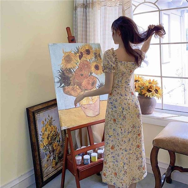 

summer vintage oil painting women dresses style puff sleeve long floral boho party elegant robe, Black;gray
