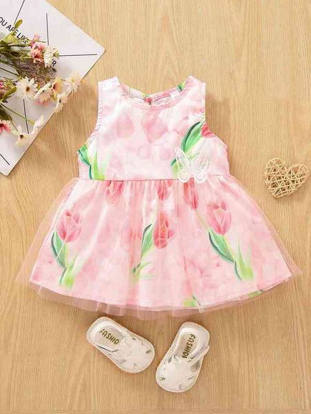 

baby floral print butterfly embroidery mesh overlay dress she, Red;yellow