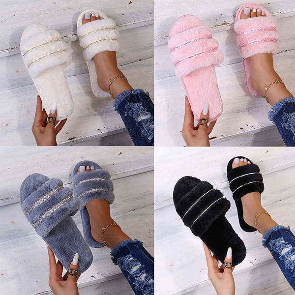 

2022 new rhinestone rainbow wool slippers women's large home shoes slippers, Black
