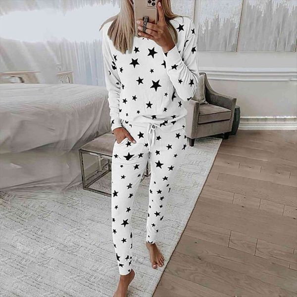 

oeak pajama sets stars women sleepwear printed 2 piece pajamas set o neck long drawstring pants spring sweet homewear, Black;red